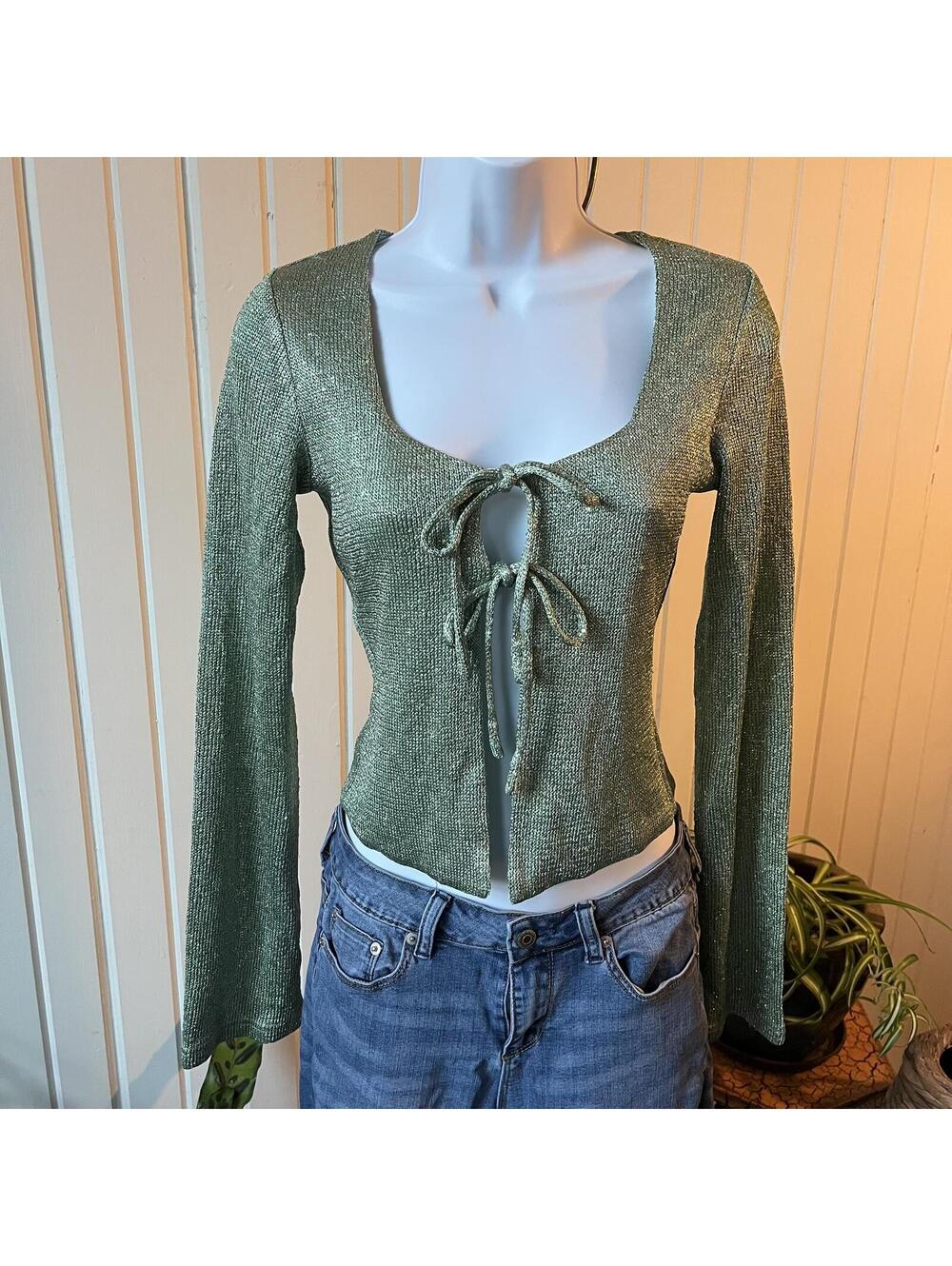 Tiger Mist Kelly Green Metallic Shimmer Tie Front Cardigan Top S Festival Y2K